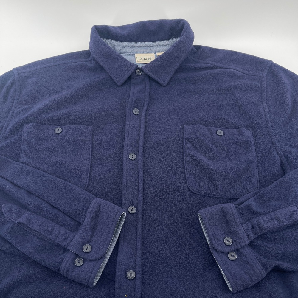 LL Bean Navy Blue Fleece Button Up Shirt Jacket Men Size Large Regular